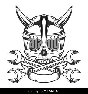 Vintage viking Schädel im Hornhelm mit Karosseriewerkstatt Servicewagen und LKW Mechaniker Reparaturwerkzeug Kreuzschlüssel oder Konstruktion für Gas und Bauer Stock Vektor