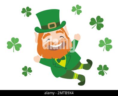 Vector St. Patricks Day Symbol Figur mit einem glücklichen Lächeln und Shamrock lässt ihn isoliert auf weißem Hintergrund zurück. Stock Vektor