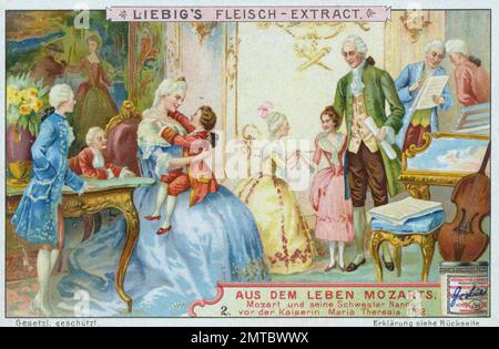 Bilderserie aus dem Leben von Mozart, er und seine Schwester Nannerl vor der Kaiserin Maria Theresia, 1762, digital restaurierte Reproduktion eines Sammelbildes von Ca 1900, gemeinfrei, genaues Datum unbekannt / Stockfoto