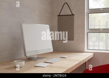 Minimales skandinavisches Innendesign für den Arbeitsplatz zu Hause mit leerem PC-Desktop-PC-Modell und Zubehör auf einem Holztisch über der Wand. 3D-Rendern Stockfoto