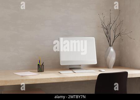 Minimales skandinavisches Innendesign für den Arbeitsplatz zu Hause mit leerem PC-Desktop-PC-Modell und Zubehör auf einem Holztisch über der Wand. 3D-Rendern Stockfoto