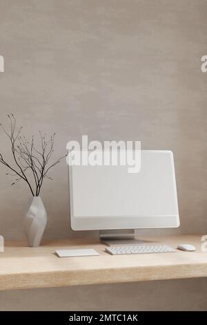 Minimales skandinavisches Innendesign für den Arbeitsplatz zu Hause mit leerem PC-Desktop-PC-Modell und Zubehör auf einem Holztisch über der Wand. 3D-Rendern Stockfoto