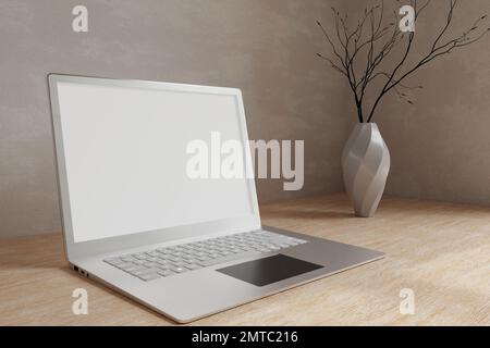 Minimales skandinavisches Innendesign des Arbeitsbereichs zu Hause mit leerem Laptop-Computermodell und Zubehör auf einem Holztisch an der Wand. 3D-Rendering Stockfoto