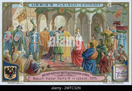 Bilderserie aus der Blütezeit mittelalterlicher Städte, Besuch von Kaiser Karl IV., in Lübeck, 1375, Deutschland, digitale Restaurierte Reproduktion eines Sammelbildes von Ca 1900, gemeinfrei, genaues Datum unbekannt / Stockfoto