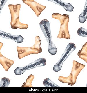 Wasserfarbenes Nahtmuster mit Herbstschuhen. Bekleidungspapier. Zubehörstiefel. Warme Schuhe. Handgezeichneter Hintergrund. Design für Textilien und Stockfoto