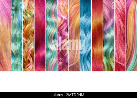 Collage der Haarfarbe. Haarfarben eingestellt. Farbtöne. Farbmuster für gefärbtes Haar Stockfoto