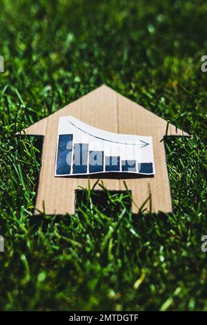 Die Zinssätze sinken, das Diagramm zeigt die Statistiken über das Haus abnehmend Ikone aus Pappe auf grünem Rasen Stockfoto