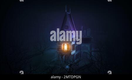Kleine gruselige Burg mit einem glänzenden Fenster in der dunklen Umgebung. 3D-Darstellung rendern. Stockfoto