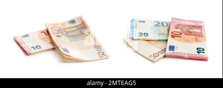 Satz Euro-Banknoten auf weißem Hintergrund Stockfoto