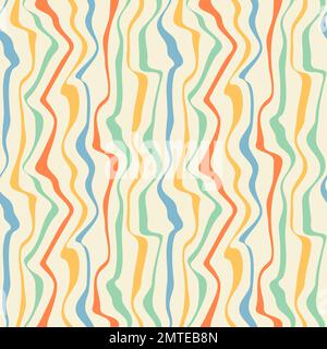 Verzerrte Linien, psychedelisches Nahtmuster. Struktur im Retro-70s 90s 00s-Stil. Groovy bunte Wellen Hintergrund für Textil, Papier, Poster. Abstrakte Wellenvorlage. Vektordarstellung. Stock Vektor