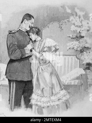 Engagement, Verlobung oder Fiancer ist ein Versprechen zu heiraten, hier zwischen ein paar in Deutschland, 1880, historische Illustration, Holzschnitt Stockfoto