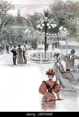 Promenade im Garten von der Kroll Opernhaus, Theaterbauten, das eine Oper Gebäude in Berlin, Deutschland, 1880, war historische Illustration, Holzschnitt Stockfoto