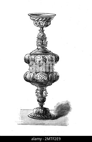Drinkware, Doppelbecher aus Silber, auch Jungfrauen Cup, 16 hergestellt. Jahrhundert, Holzschnitt aus dem Jahr 1880 Stockfoto