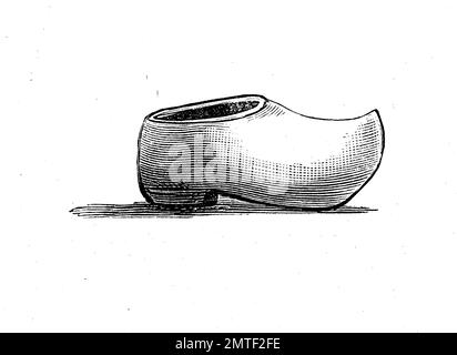 Schuh-Mode vergangener Zeiten, Clogs sind eine Art von Schuhen, die ganz oder teilweise aus Holz, Holzschnitt aus dem Jahr 1880 hergestellt Stockfoto