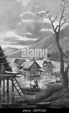 Dorf von Pfahlbauten, Pfahlbauten oder Palafitte, hier am Bodensee, Deutschland, Holzschnitt aus dem Jahr 1880 Stockfoto