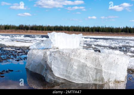Eine saubere Eisscholle liegt auf Grund. Eis gleitet auf dem Quellfluss in Yakutia Vilyui vor dem Hintergrund von Taigawäldern und Wasser über den Wolken Stockfoto