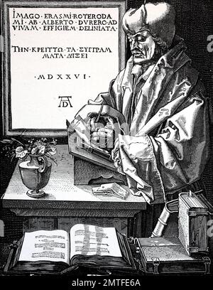 Desiderius Erasmus Roterodamus, bekannt als Erasmus und Erasmus von Rotterdam, [Anmerkung 1] war ein niederländischer Renaissance Humanist, katholischer Priester, Gesellschaftskritiker, Lehrer und Theologe. Stockfoto