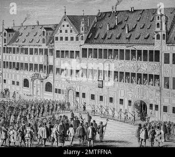Das Haus der Fugger in Augsburg, Deutschland. Die Bürgerinnen und Bürger eine Hommage an Gustav Adolf, historische Abbildung Stockfoto