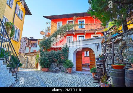 Spazieren Sie die schmale, gewundene Via Sant'Omobono mit alten bunten Häusern und topischen Gärten in Ascona, Schweiz Stockfoto