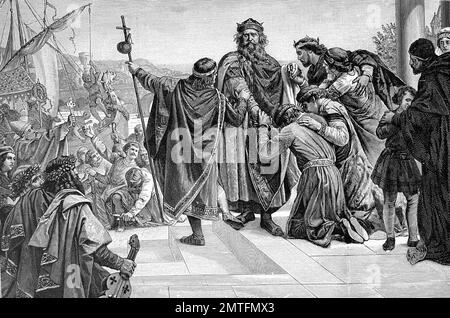 Friedrich i., Friedrich, 1122-10. Juni 1190, auch bekannt als Frederick Barbarossa, war der Heilige Römische Kaiser von 1155 bis zu seinem Tod Abschied zu seinem Kreuzzug, historische Abbildung Stockfoto