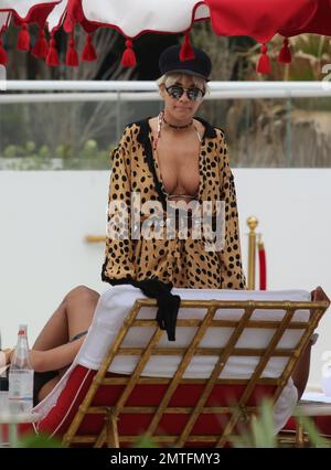 Rita Ora Lounges am Pool in einem brandneuen Hotel in Miami, Florida. Rita wurde während des Urlaubs von ihrer Schwester begleitet und der Hotelbesitzer kam heraus, um sie persönlich zu begrüßen. 3. Januar 2016. Stockfoto
