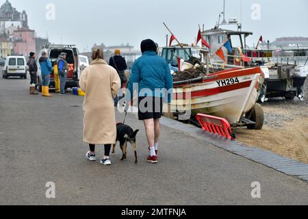 Ein älteres, reifes Paar, das einen Hund entlang der cromer Promenadee spaziert, mit Fischern, die ihren täglichen Fang abladen Stockfoto