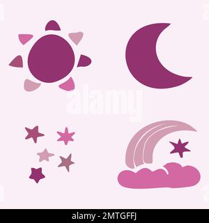 Süße, skurrile Sonne und Mond mit Vektormotiven. Illustration der Nacht-Tag-Himmelskollektion für Kinder Clipart. Stock Vektor