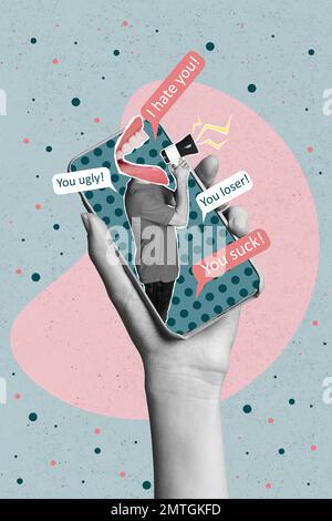 Kreative Poster-Collage von Hand-Halten-Gerät Mann schreit Megafon Ich hasse es, dass du hässlicher Scheißer bist, negative Online-Kommentare schikaniert Stockfoto