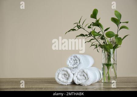 Saubere gerollte Handtücher und Vase mit grünen Pflanzen auf einem Holztisch. Platz für Text Stockfoto