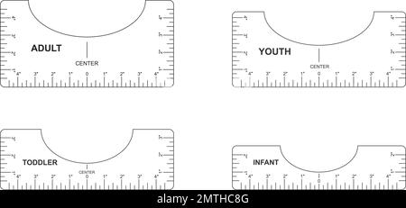 Set mit T-Shirt-Ausrichtungsführungen. Vorlagen für Erwachsene, Jugendliche, Kleinkinder, Kleinkinder. Lineale zum Zentrieren von Kleidungsstücken. Integrieren von Messwerkzeugen mit Kennzeichnungen und Zahlen. Kalibrierung Zoll Stock Vektor