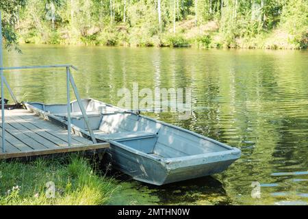 Ein altes Boot mit Rudern auf einem grünen Teich vor der Kulisse eines Waldes. Stockfoto