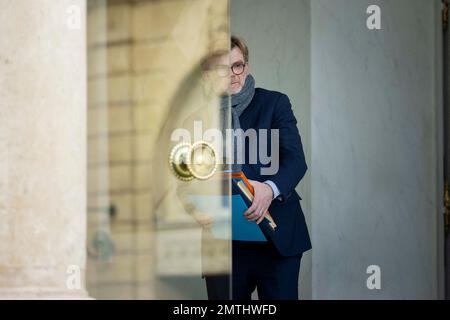 Minister Marc Fesneau verlässt den Präsidentenpalast Elysee nach der wöchentlichen Kabinettssitzung am 1. Februar 2023 in Paris, Frankreich. Foto: Eliot Blondet/ABACAPRES.COM Stockfoto