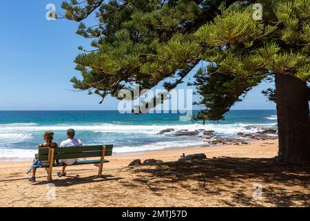 Ein Paar, das am Strand auf einer Bank sitzt und auf das Meer blickt, Avalon Beach Sydney Ostküste, NSW, Australien Stockfoto