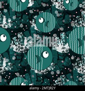 Nahtloses Muster mit Fischmuster. Dunkler Hintergrund. Trendiges, nahtloses Design mit Unterwassertieren. Aqua-Farbe. Stock Vektor