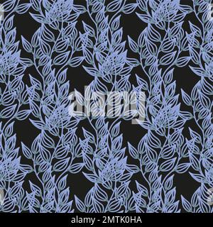 Nahtloses Muster mit vertikalem Muster von Blättern. Schwarzer Hintergrund. Trendiges Design, nahtlos mit Zweigen. Stock Vektor