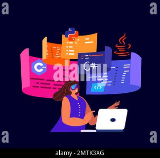 Programmiererin, die an der Webentwicklung in Virtual Reality Head Set arbeitet.Skriptcodierung, Programmierung in php-, Python- und javascript-Sprachen. Ich Bin'S Stockfoto