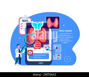 Endokrinologe Wissenschaftler Doktor Untersuchen Schilddrüse, Anomale Drüsen, Zirbelorgan. Online Smartphone Ultraschall, Bluttest.Medical Council.Internet Stockfoto