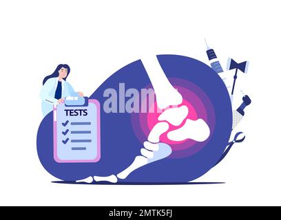 Knöchel, Fuß Arthritis.Woman winzig Doktor Traumatologe Orthopäde untersuchen menschliches Fußgelenk mit Tests, Röntgenbilder, Flachvektor Illustration. Stockfoto