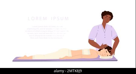 Physiotherapiesitzung. Männlicher Afro-amerikanischer Massagist oder Osteopath-Massage von Hals- und Kopfbereich zu weiblicher Mandantin, Vektorflachdarstellung. Dunkel gehäutet B Stockfoto