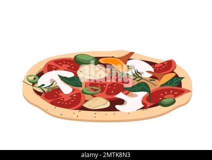 Leckere Pilzpizza mit Champignons, Pfifferlingen, Mozzarella, Brie-Käse, Sauce, basilikumblätter und dicke Kruste. Leckeres italienisches vegetarisches Essen. Stockfoto