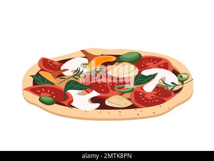 Leckere Pilzpizza mit Champignons, Pfifferlingen, Mozzarella, Brie-Käse, Sauce, basilikumblätter und dicke Kruste. Leckeres italienisches vegetarisches Essen. Stockfoto