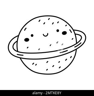Süßer lächelnder Planet isoliert auf weißem Hintergrund. Handgezeichnete Vektorgrafik im Doodle-Stil. Perfekt für Dekorationen, Logos, verschiedene Designs. Stock Vektor