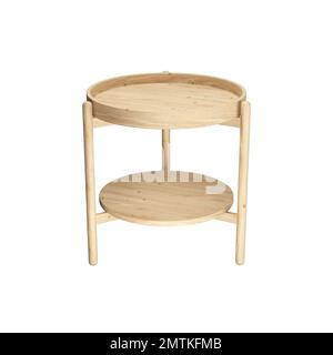 3D-mm-Rundtisch aus Holz mit drei Holzbeinen auf weißem Hintergrund, Holzmöbel in isoliertem Hintergrund Stockfoto