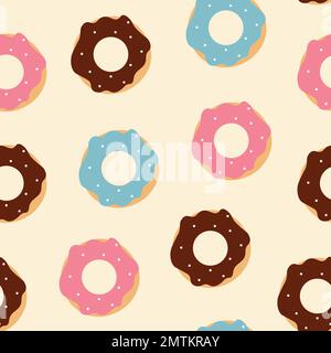 Donuts mit verschiedenen Farben, nahtloses Muster auf hellem Hintergrund für Cafés und Restaurants, Bäckereien. Stock Vektor