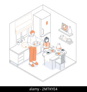 Familienessen in der Küche - Isometrische Darstellung im modernen Liniendesign Stock Vektor