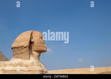 Nahaufnahme der Gizeh Sphinx mit Kopierbereich und blauem, klarem Himmel. Keine Touristen-Abenteuerreisen in Ägypten Stockfoto