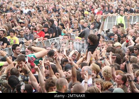 Konzertbesucher surfen, während die walisische Rock Reggae Metal Band Skindred live beim Sonisphere Festival auftritt, einem Musikevent für Rock, Metal, Electro und Punk im Knebworth House and Park. Knebworth, Großbritannien. 08/01/10. . Stockfoto