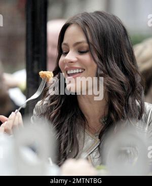 Sofia Vergara und ein mysteriöser Mann essen zusammen im Ivy. Die Schauspielerin/das Model wurde mit dem Kopf auf der Schulter des Mannes gesehen und lächelte und lachte sich durch ein sehr angenehmes Essen. Los Angeles, Ca. 3/1/08 Stockfoto