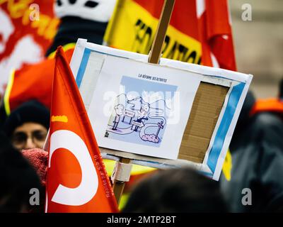 Straßburg, Frankreich - 31. Januar 2023: Plakat bei der zweiten Demonstration gegen die neue Rentenreform, die im nächsten Monat von der französischen Premierministerin Elisabeth Borne vorgestellt wird Stockfoto