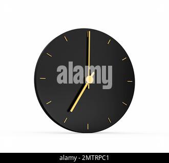 Ein 3D-Rendering eines goldenen Uhrensymbols von 7 Uhr, isoliert auf schwarzem Hintergrund Stockfoto